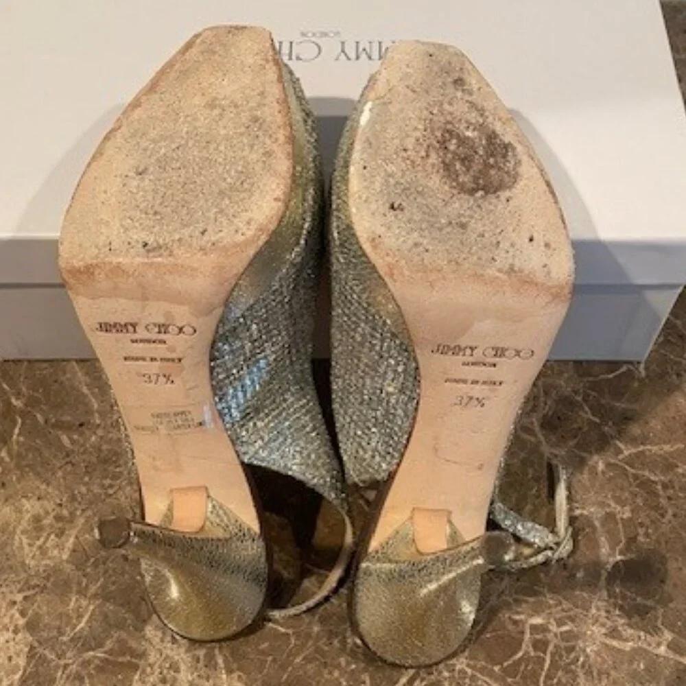 Jimmy Choo CLUE Champagne Platform PeepToe Slingback Heels – Sz 7.5